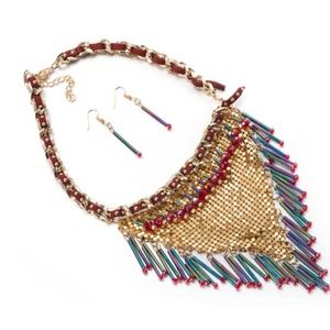 Noblag Gold-Tone Fringe Collar Necklace Earrings